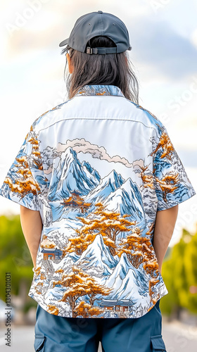 Wallpaper Mural Mountain scene shirt, outdoor model, back view Torontodigital.ca