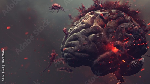 Close-up of a human brain with glowing microscopic parasites crawling on its surface, symbolizing infection and disease, representing medical and scientific concepts.
