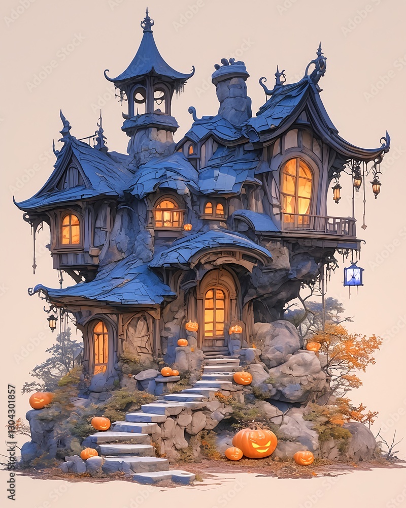 A wizard's house of magical elements and whimsical architecture in anime-style A wizard's house of magical elements and whimsical architecture in anime-style