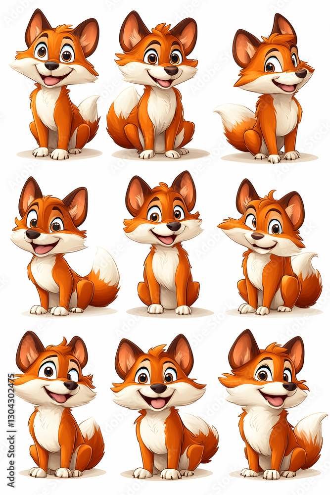 Nine playful fox illustrations on white background Nine playful fox illustrations on white background