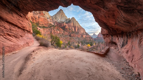 Red Rock Canyon Landscape With Sunrise View From Cave