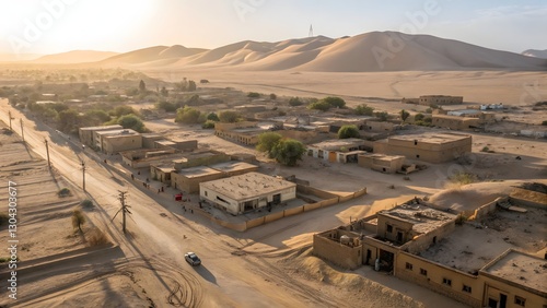 Aerial View of Desert Village Road and Sand Dunes at Sunrise
