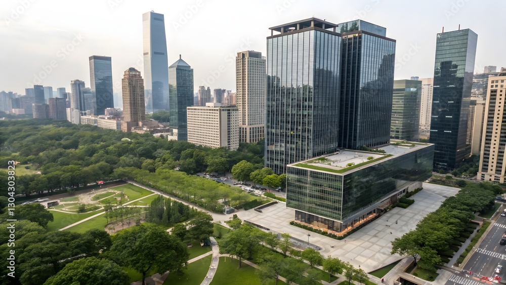 Obraz premium Modern Cityscape Green Park beside Tall Skyscrapers Aerial View of Urban Oasis
