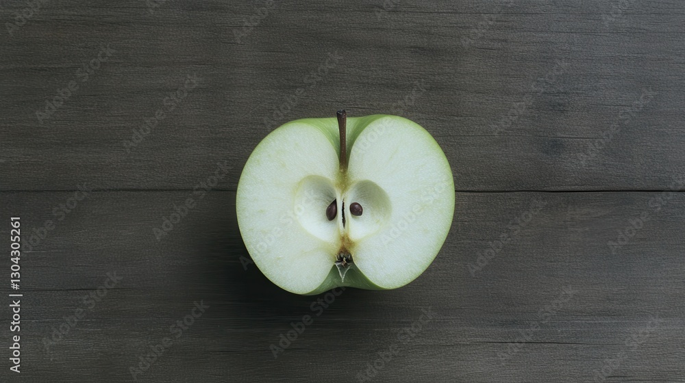 A sliced green apple revealing its juicy, crisp texture, placed on a rustic wooden table, A sliced green apple revealing its juicy, crisp texture, placed on a rustic wooden table,