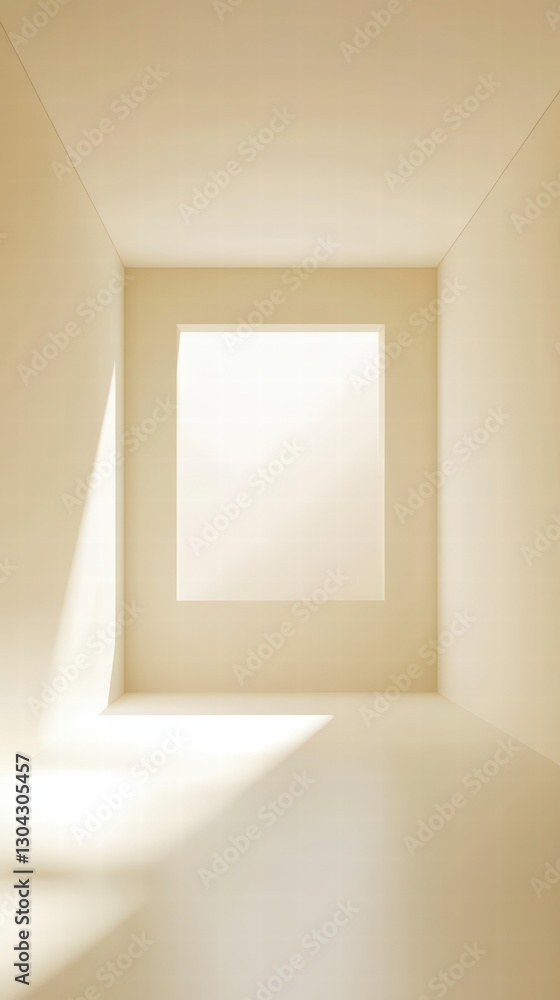 Fototapeta premium Serene Interior: A minimalist interior space bathed in soft natural light. A window forms a square against a light-toned walls. This inviting space evokes a sense of tranquility and order.