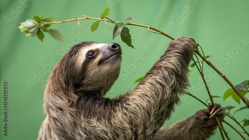 Adorable Sloth Reaching for Green Leaves on Branch in Nature
