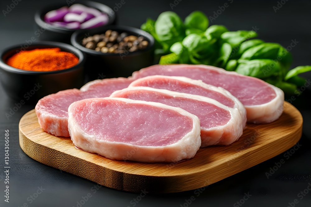 Raw pork chops on wooden board, herbs & spices Raw pork chops on wooden board, herbs & spices