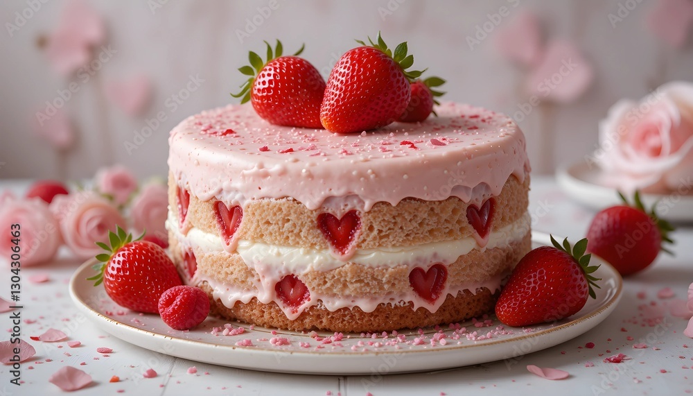 A delicious pound cake with beautiful decoration and nice design. Some strawberry on the top of cake. Its symbol love cake. A delicious pound cake with beautiful decoration and nice design. Some strawberry on the top of cake. Its symbol love cake.