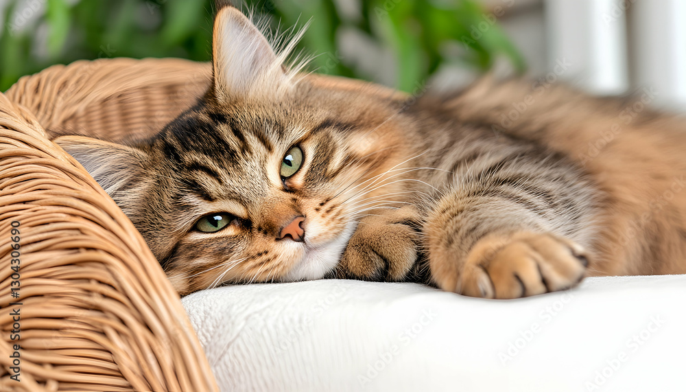 Naklejka premium Relaxed tabby cat lounging on wicker chair indoors