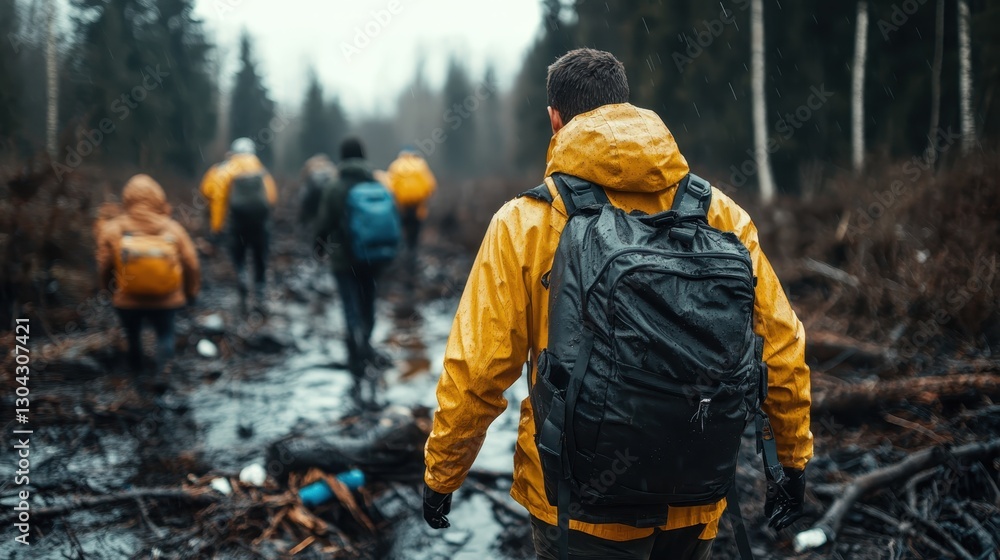 A group of hikers clad in yellow jackets courageously make their way through a muddy terrain, emphasizing determination and the allure of outdoor adventures under rain. A group of hikers clad in yellow jackets courageously make their way through a muddy terrain, emphasizing determination and the allure of outdoor adventures under rain.