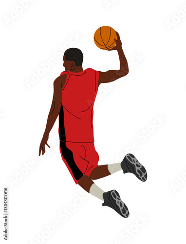 Black Male basketball player jumping with ball. Portrait of african american athletic man playing professional sport game. Vector cartoon realistic illustration isolated