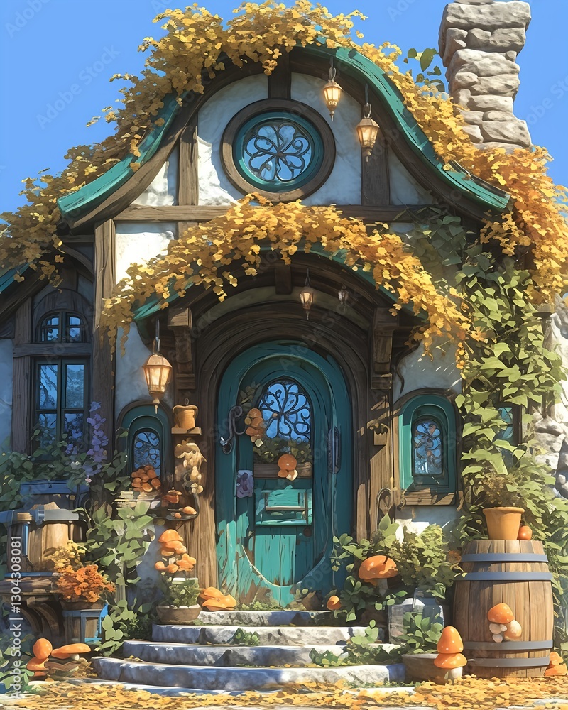 Fototapeta premium Cozy fantasy wizard house in an enchanted forest illustration