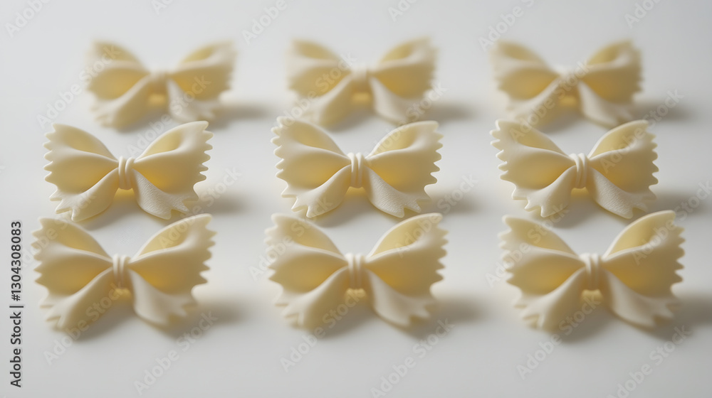 A beautiful and symmetrical arrangement of farfalle pasta in butterfly shape, each piece aligned on a smooth white surface. A beautiful and symmetrical arrangement of farfalle pasta in butterfly shape, each piece aligned on a smooth white surface.
