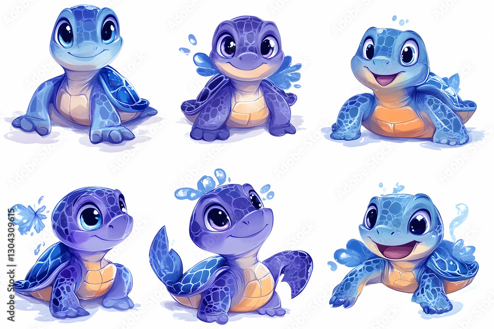 Fototapeta premium Six Adorable Baby Turtles Splashing in Water