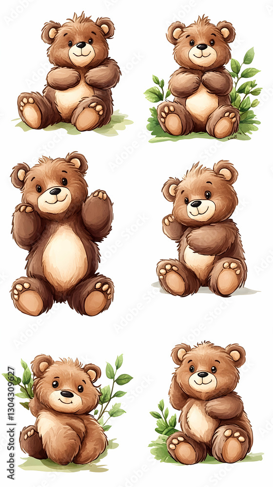 Obraz premium Six Adorable Brown Bear Cubs in Grassy Settings