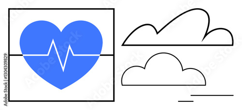 Blue heart with heartbeat line in a box and two minimalist styled clouds below thin horizontal lines. Ideal for healthcare, technology, cardiology, wellness, vitality, clarity, flat simple metaphor