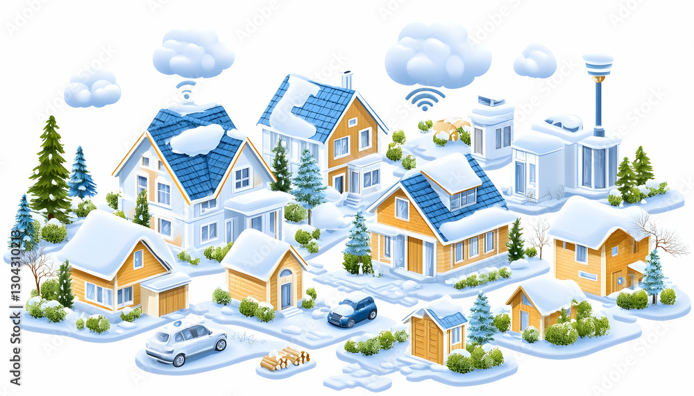 Obraz premium Smart Homes in Snowy Winter Neighborhood