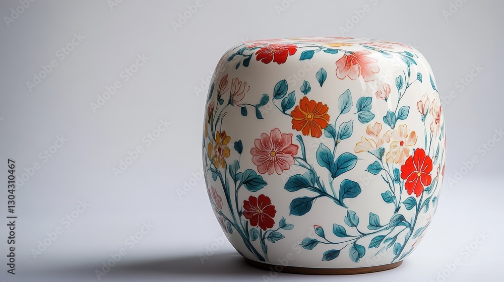 A round decorative stool, its surface adorned with vibrant floral patterns against a pristine white backdrop, stood ready for its role in a room is design. A round decorative stool, its surface adorned with vibrant floral patterns against a pristine white backdrop, stood ready for its role in a room is design.