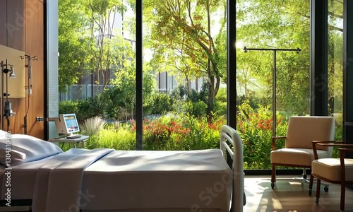 Serene Hospital Room with Garden View:  Sunlight streams into a modern hospital room.