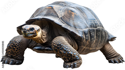 
Giant Galápagos tortoise with wrinkled ancient skin, slow-moving rainforest legend, cut out on transparent background
