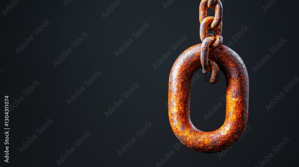 A close-up of an old and rusty chain link hanging against a dark backdrop, emphasizing the texture and historical significance of aged metalwork.
