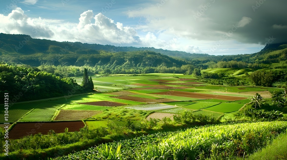 Obraz premium Lush Green Landscape with Fields and Mountains Under Dramatic Clouds