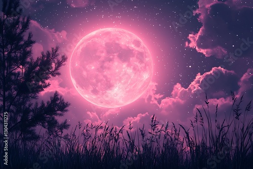 Pink Moonlit Meadow Scene