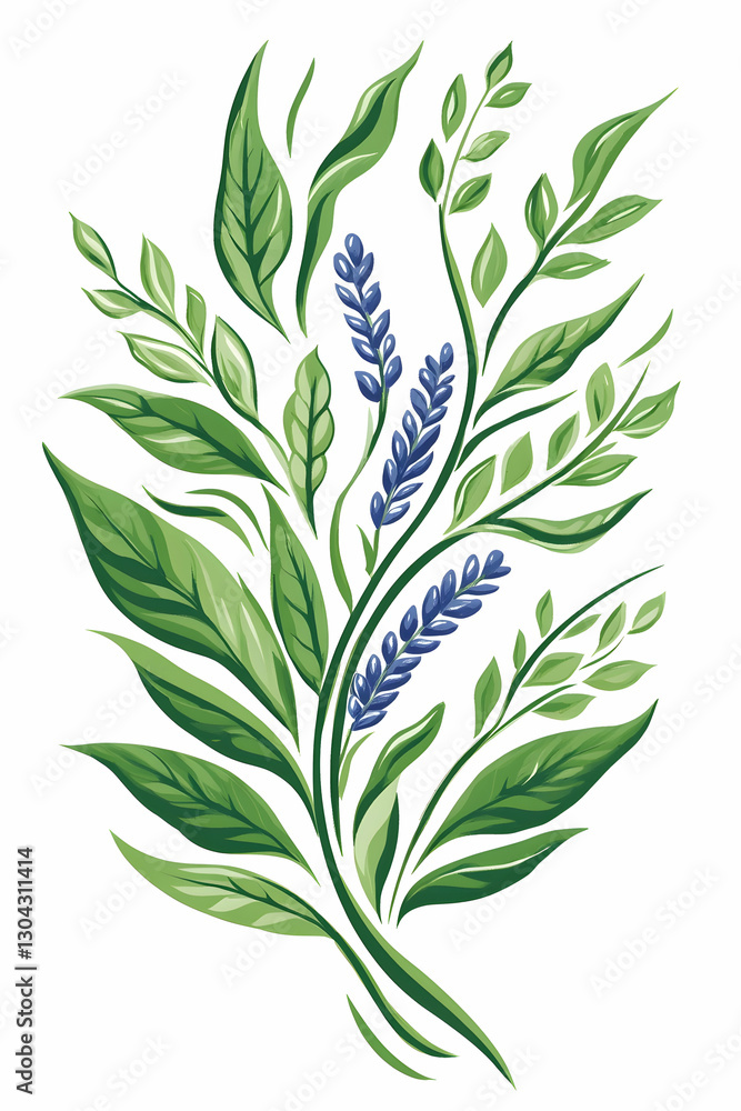 Fototapeta premium Stylized floral bouquet, green leaves, blue flowers, white background