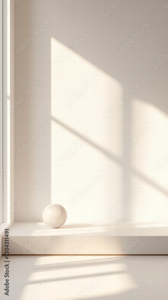 Fototapeta premium Minimalist Elegance: A serene minimalist interior bathed in soft, natural light, featuring a spherical object resting on a sleek, neutral-toned surface. Shadow play on the wall.