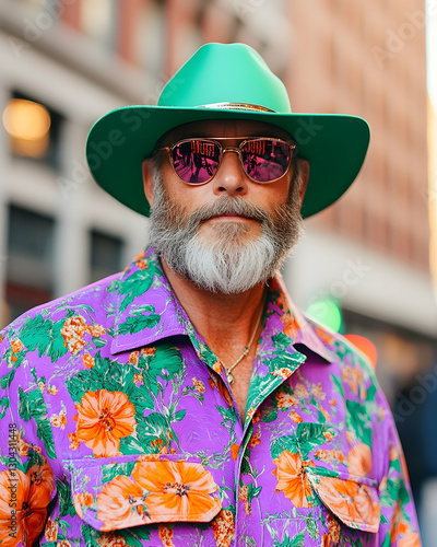 Stylish Man in Green Hat, City Street Portrait photo