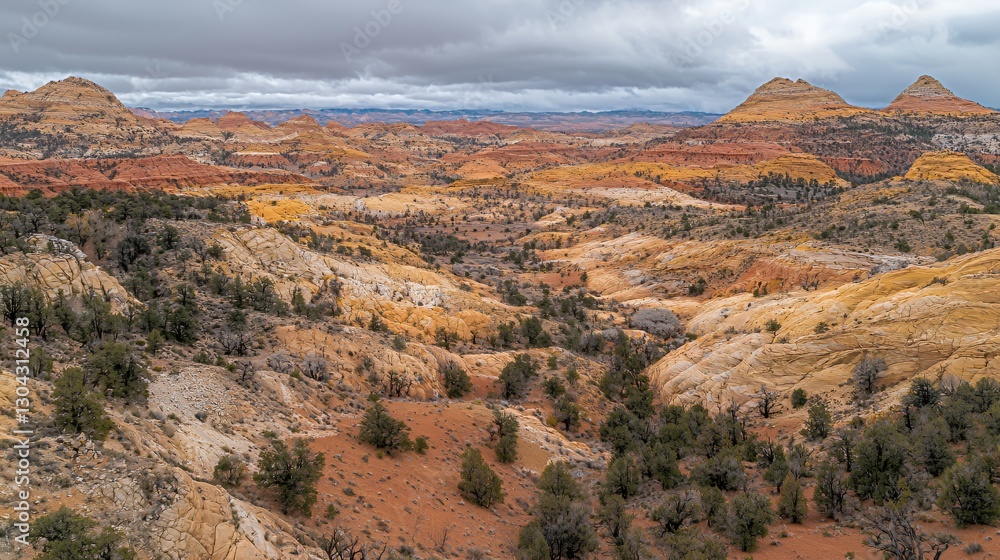 Fototapeta premium Aerial View of Colorful Desert Canyon Landscape Under an Overcast Sky