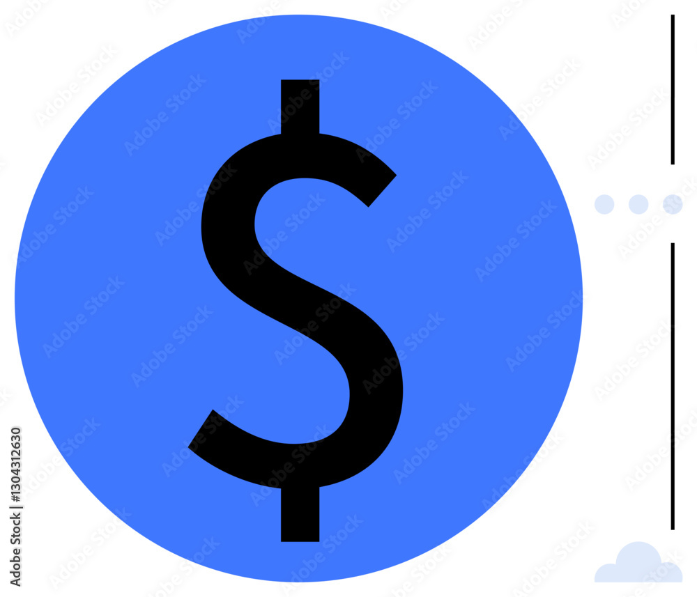 Large black dollar sign centered in a blue circle, with minimal cloud and dotted details. Ideal for finance, investment, economy, budgeting, profit, growth savings. Clean flat simple metaphor Large black dollar sign centered in a blue circle, with minimal cloud and dotted details. Ideal for finance, investment, economy, budgeting, profit, growth savings. Clean flat simple metaphor