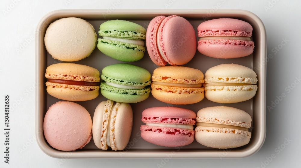 A variety of colorful macarons arranged on a decorative tray,