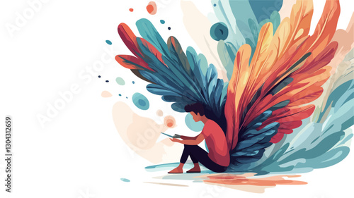 A digital painting or illustration depicts a stylized person sitting on the ground, seemingly enveloped by large, abstract, colorful wings. The wings are rendered in shades of blue, orange,