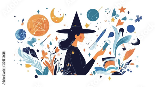 A stylized vector illustration depicting a female figure, possibly a witch, wearing a wide-brimmed hat. She is shown from the waist up, in profile view, seemingly reading or preparing a