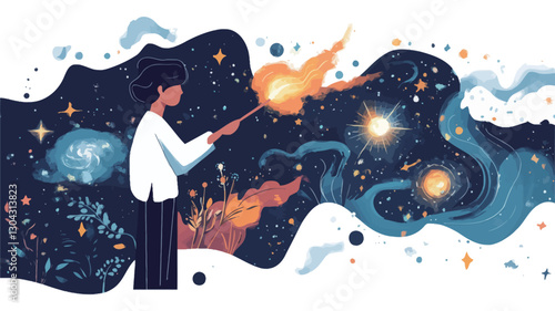 A stylized illustration featuring a person in a white coat holding a wand-like object, seemingly manipulating cosmic elements such as stars, nebulae, and galaxies within an abstract,
