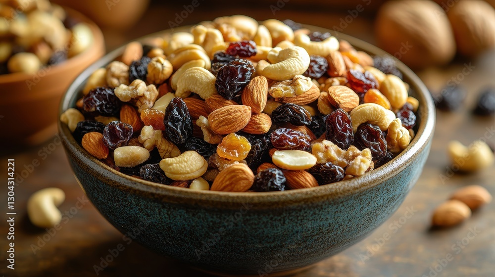 A symphony of nuts and dried fruits, a vibrant mosaic of golden raisins, rich almonds, and plump cashews, nestled in a ceramic bowl, a testament to nature is bounty. A symphony of nuts and dried fruits, a vibrant mosaic of golden raisins, rich almonds, and plump cashews, nestled in a ceramic bowl, a testament to nature is bounty.