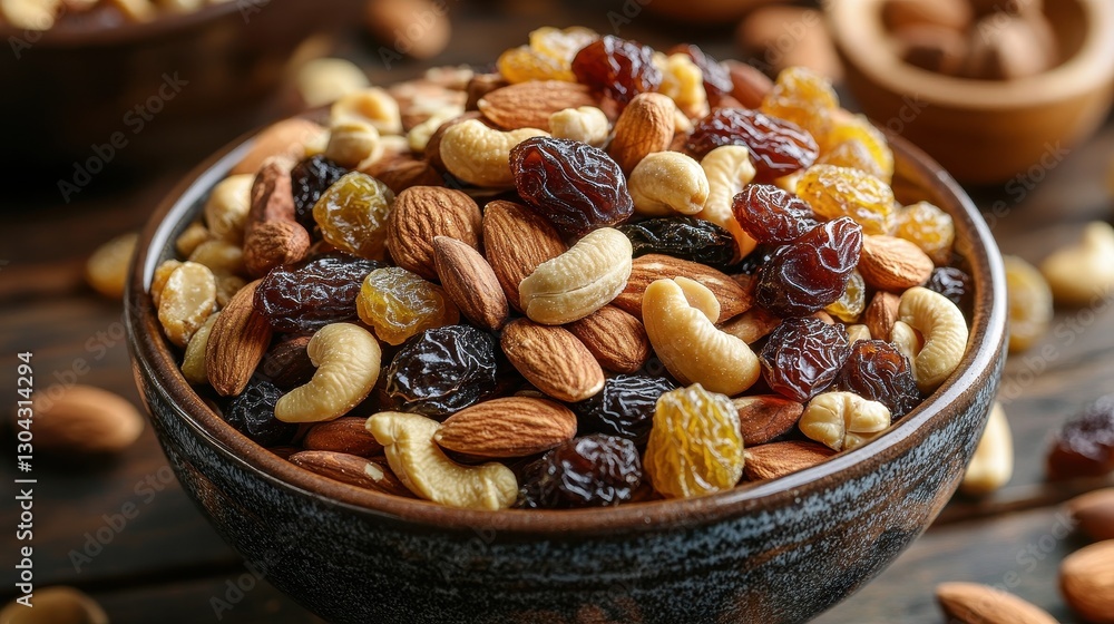 A symphony of nuts and dried fruits, a vibrant mosaic of golden raisins, rich almonds, and plump cashews, nestled in a ceramic bowl, a testament to nature is bounty. A symphony of nuts and dried fruits, a vibrant mosaic of golden raisins, rich almonds, and plump cashews, nestled in a ceramic bowl, a testament to nature is bounty.