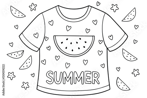 Summer themed tropical beach design, Fruits isolated on white background. SUMMER inscription with watermelon texture. Set of elements for textiles t-shirt pattern design