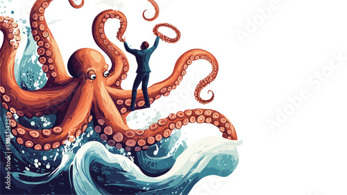 Digital illustration depicting a businessman standing atop a large orange octopus amidst turbulent blue-green waves. The octopus's tentacles extend in various directions, some seemingly