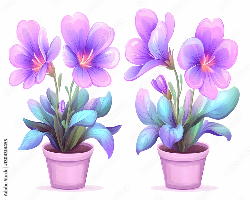 Two potted purple flowers, digital illustration, white background Two potted purple flowers, digital illustration, white background