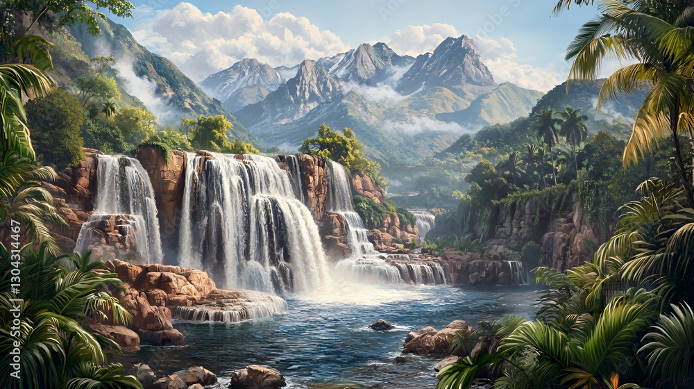 Fototapeta premium Lush Tropical Waterfall Landscape With Majestic Mountains