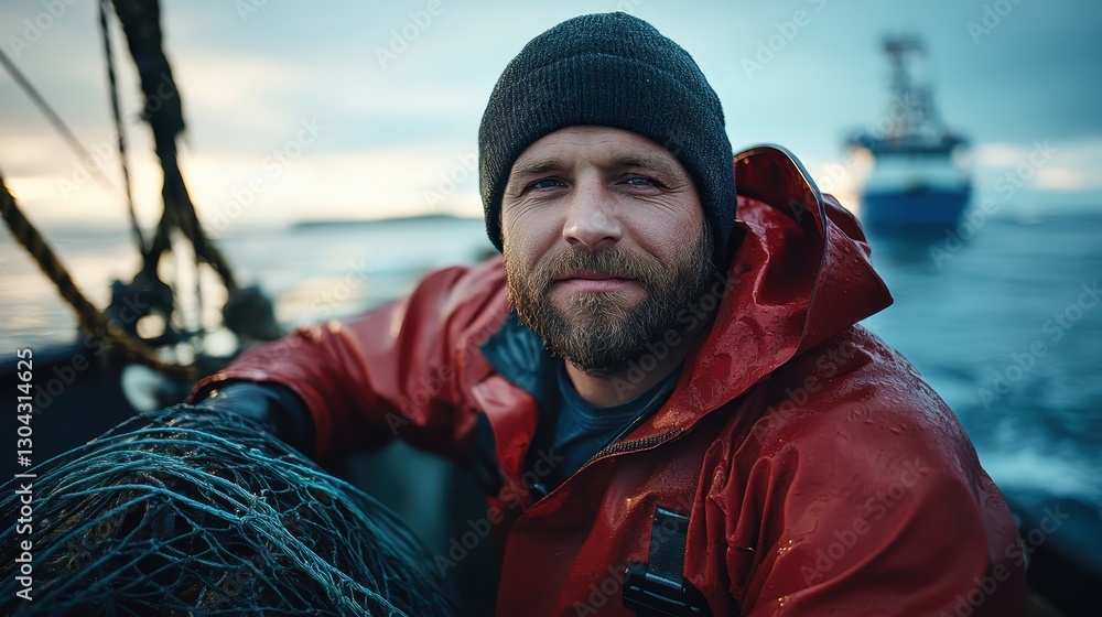 A rugged fisherman rests on his boat, embodying resilience and determination, with a backdrop of tranquil waters under a cloudy sky in a maritime locale. A rugged fisherman rests on his boat, embodying resilience and determination, with a backdrop of tranquil waters under a cloudy sky in a maritime locale.