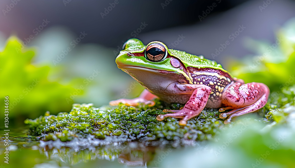 Obraz premium Vibrant frog perched on mossy rock near water