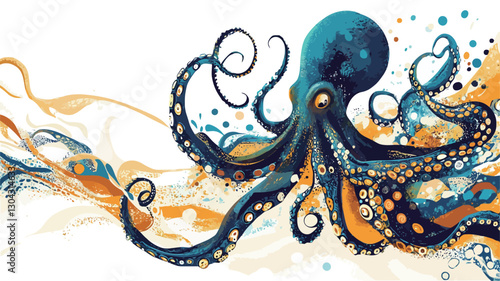 A stylized illustration of an octopus rendered in abstract style. The octopus is predominantly teal and dark blue, with gold and yellow abstract shapes and dots forming a background that
