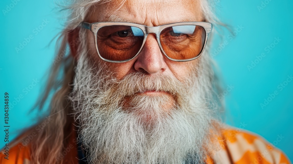 An elderly man with sunglasses and a long beard, gazing into the distance with intensity, against a bright blue background, representing wisdom and experience in life. An elderly man with sunglasses and a long beard, gazing into the distance with intensity, against a bright blue background, representing wisdom and experience in life.