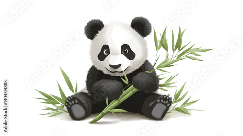 Digital illustration of a young panda bear sitting and eating bamboo stalks. The panda is depicted in a cartoonish style with a simplified rendering of fur and features. The bamboo is