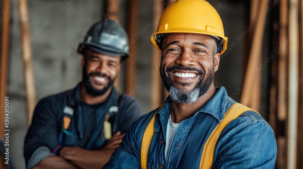 Two joyful male construction workers smiling at the camera, showcasing teamwork and camaraderie while surrounded by construction materials in an industrial setting. Two joyful male construction workers smiling at the camera, showcasing teamwork and camaraderie while surrounded by construction materials in an industrial setting.
