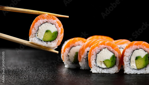 Fresh sushi rolls with salmon, avocado and rice held by chopsticks. Traditional Japanese cuisine