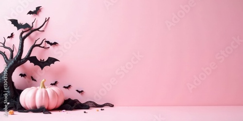 Wallpaper Mural Pastel Pink Halloween Scene with Barren Tree and Pink Pumpkin Torontodigital.ca